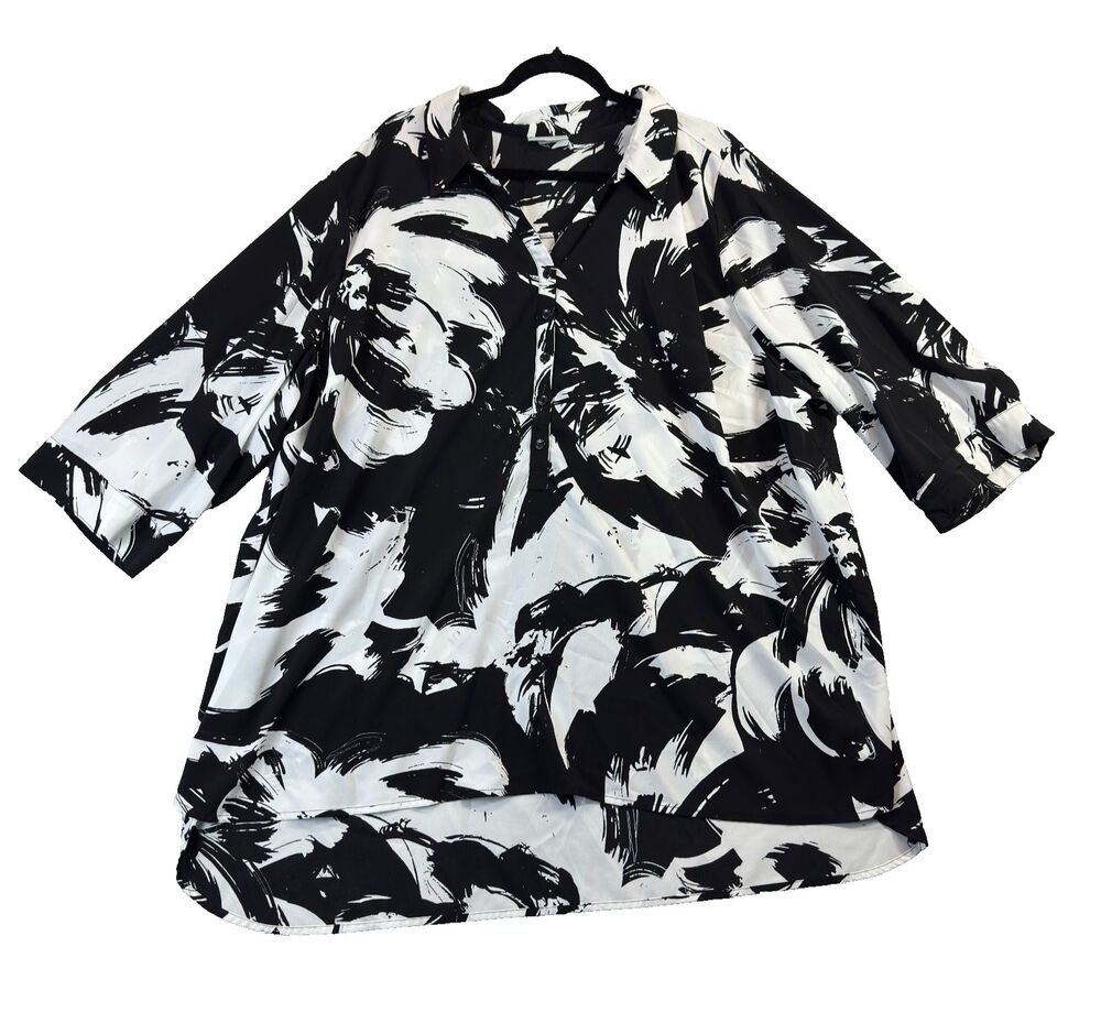 Catherines Blouse 4X Black White Abstract Floral Art To Wear Tunic 3/4 Sleeve